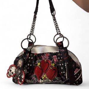 Ed Hardy Love Hearts Skull Roses Studded Satchel Handbag Silver Black Y2K
